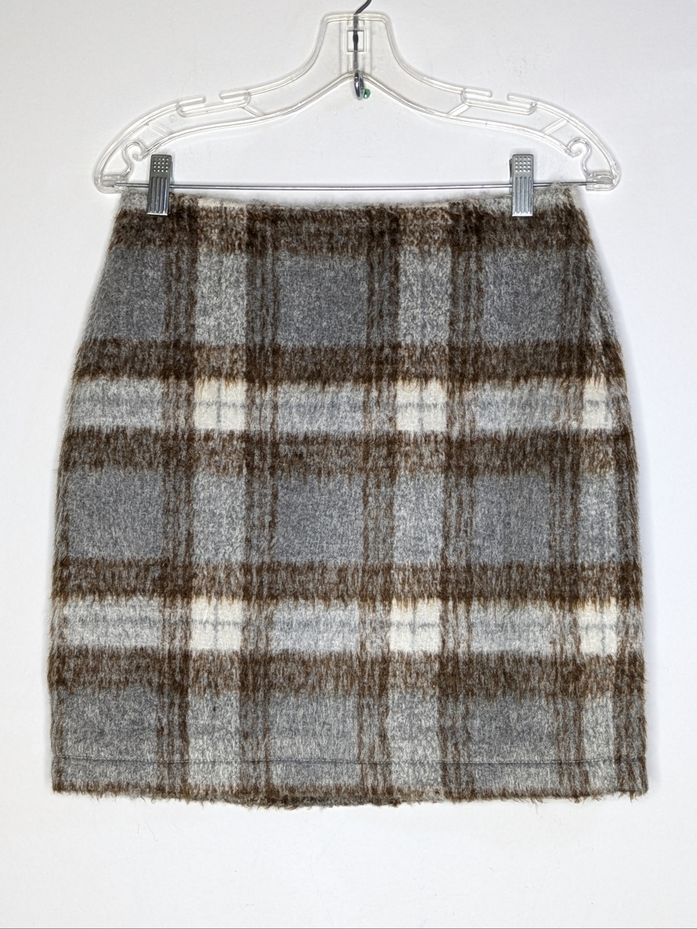 Boston Proper Faux Wool Grey Brown White Plaid Winter Fall Mini Skirt 4